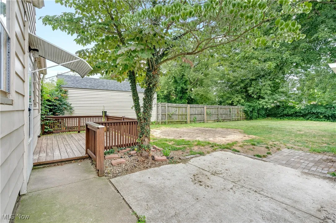 Fenced backyard featuring a deck