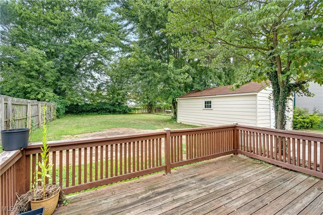 Wooden deck with a fenced backyard