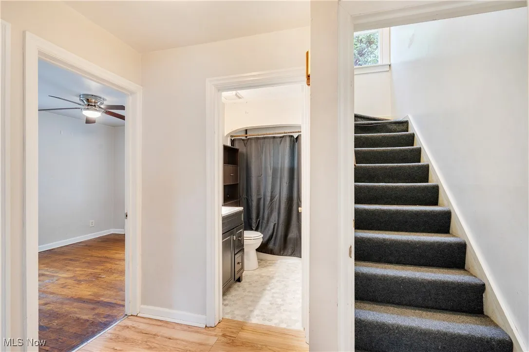 Stairs featuring wood finished floors and ceiling fan