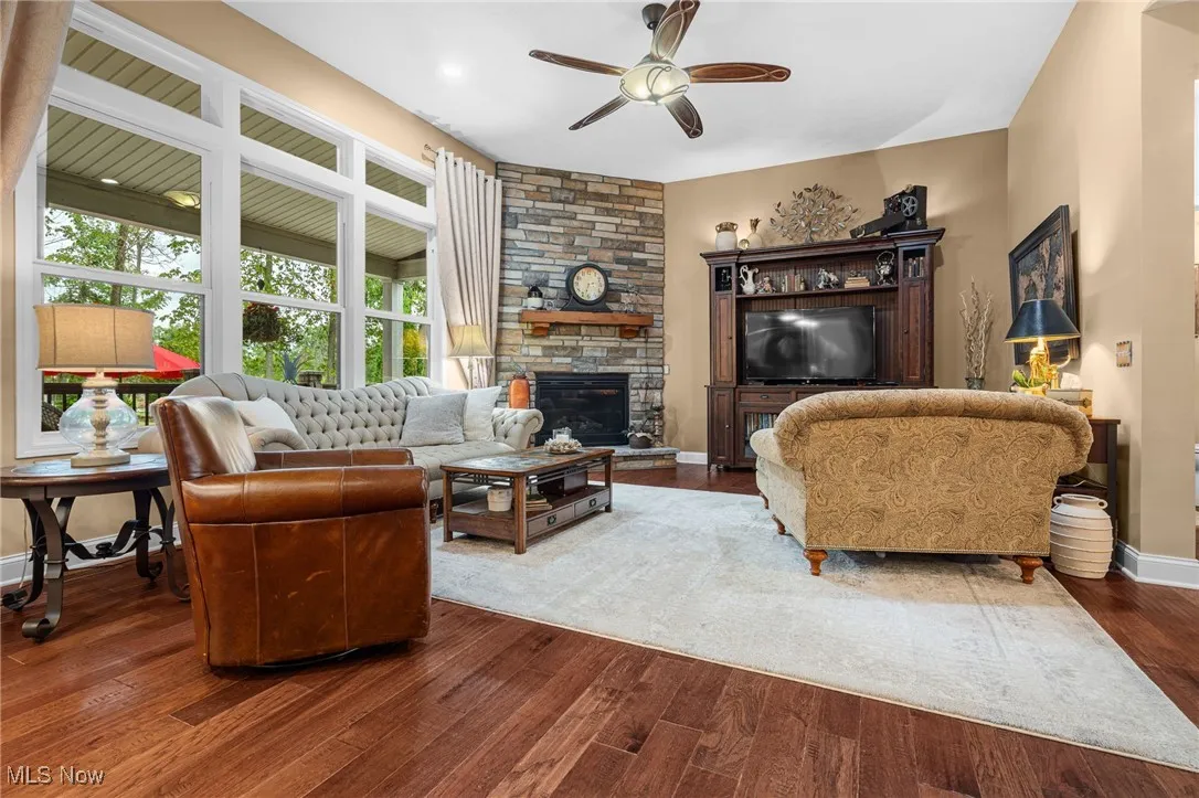 Family room with stone gas fireplace