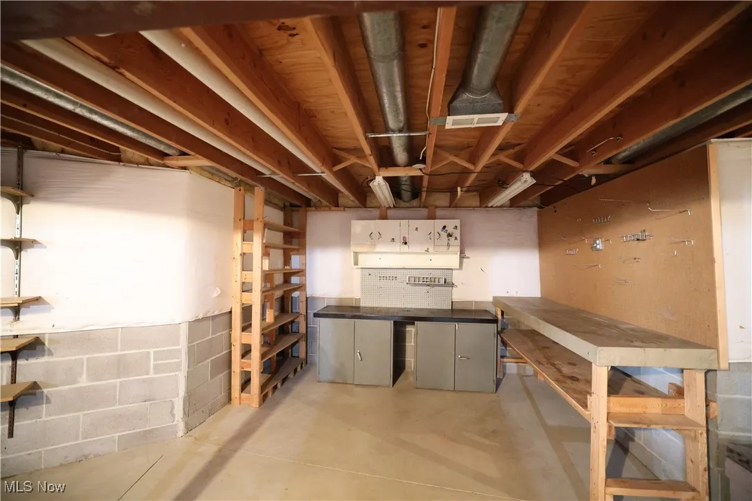Unfinished basement with a workshop area