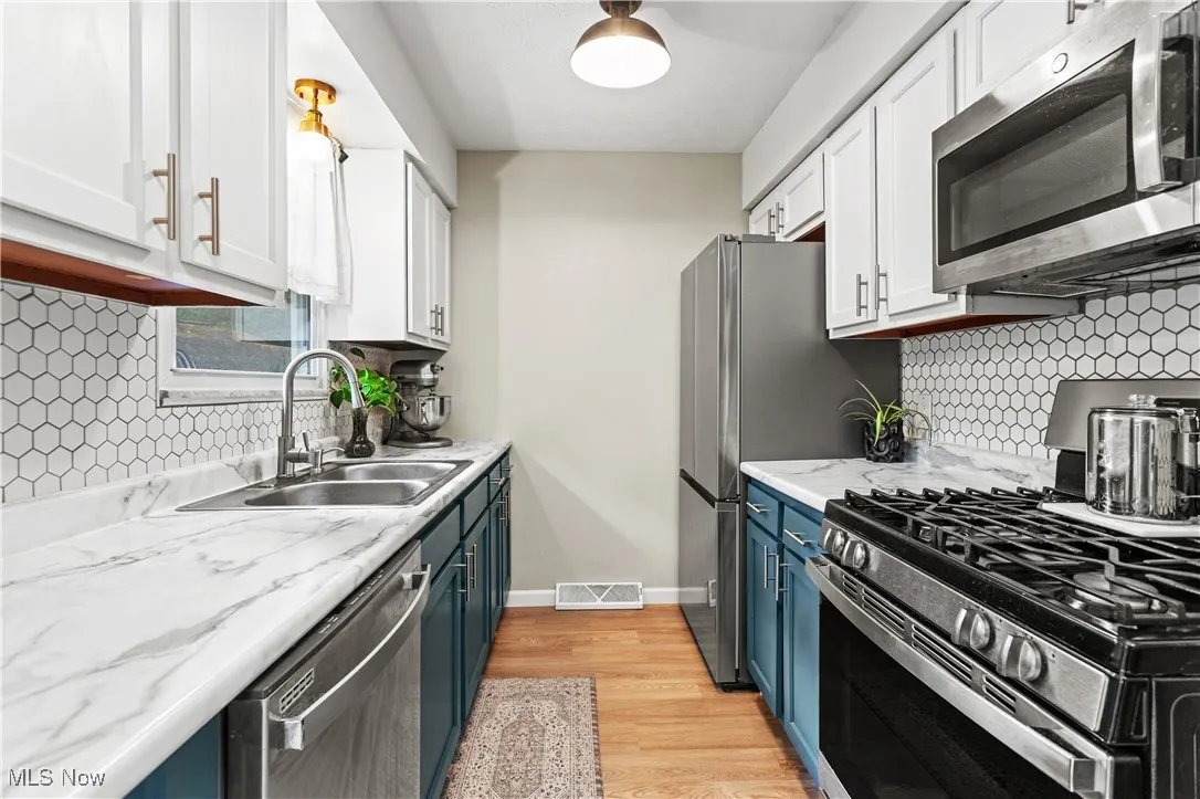 Kitchen featuring decorative backsplash, blue cabinetry, and white cabinets