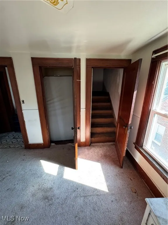 Unfurnished bedroom with carpet floors and two closets