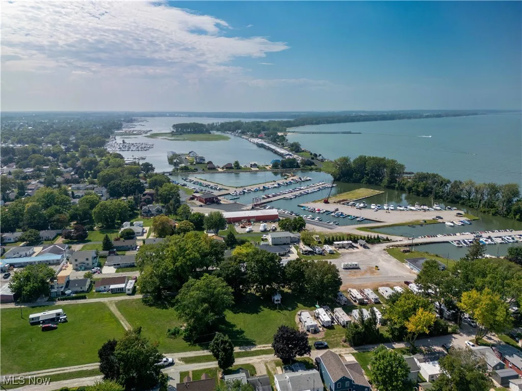 Aerial view of a marina and a nearby body of water