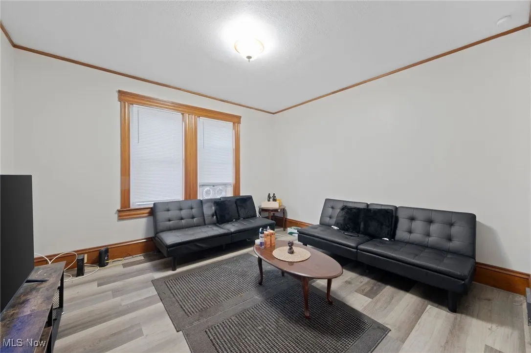 Living area featuring light wood-style floors, crown molding, and a textured ceiling