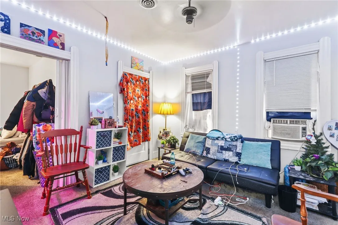 Carpeted living area with cooling unit