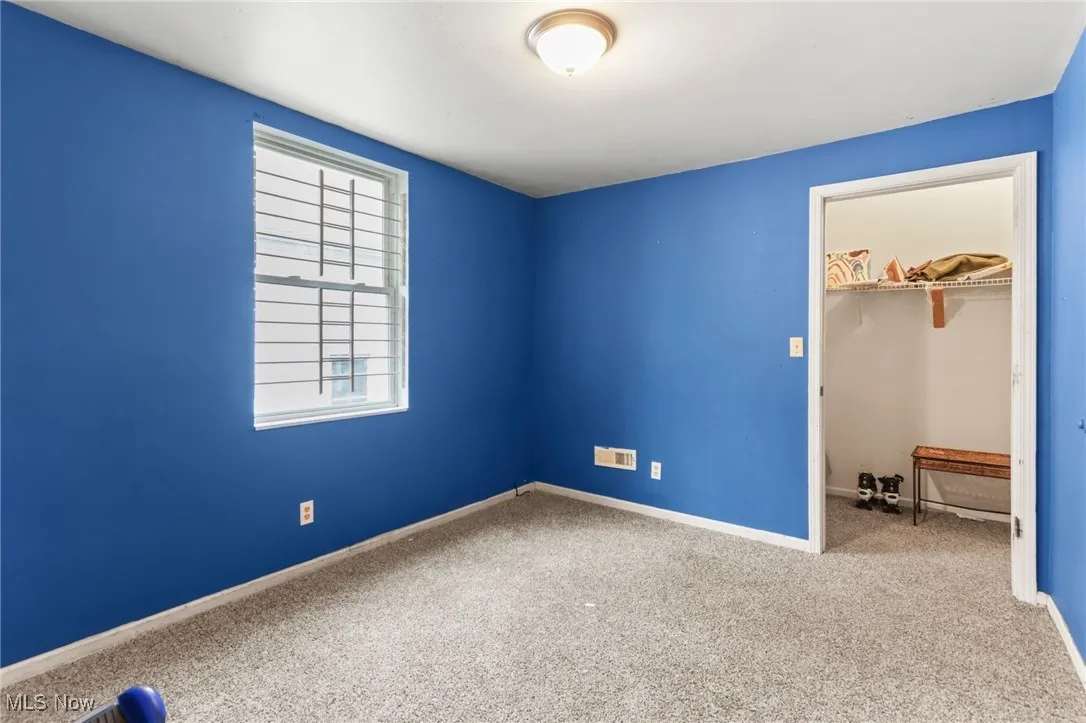 Unfurnished bedroom featuring carpet and a spacious closet