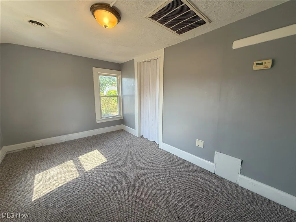 Unfurnished bedroom featuring carpet flooring, a textured ceiling, and a closet
