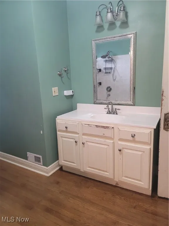 Bathroom featuring vanity and dark wood-type flooring
