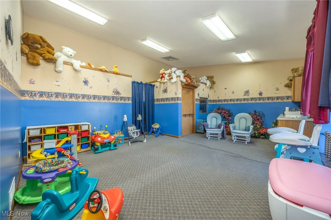 Recreation room with carpet floors