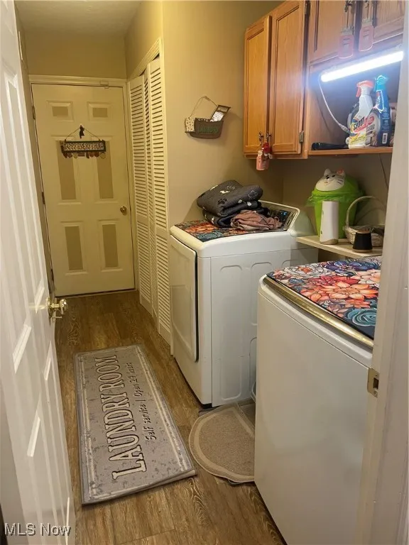 Laundry room featuring dark wood-type flooring, cabinet space, and independent washer and dryer
