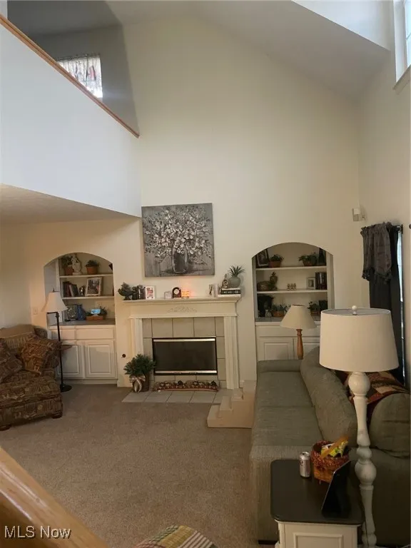 Living room with built in shelves, a fireplace, high vaulted ceiling, and carpet floors