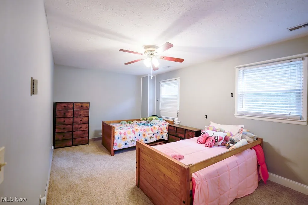 Bedroom featuring multiple windows, light colored carpet, a textured ceiling, and a ceiling fan