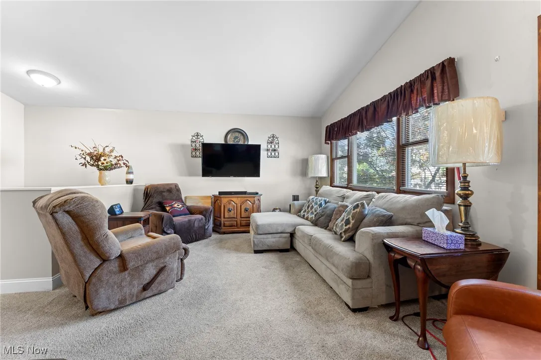 Carpeted living room featuring lofted ceiling