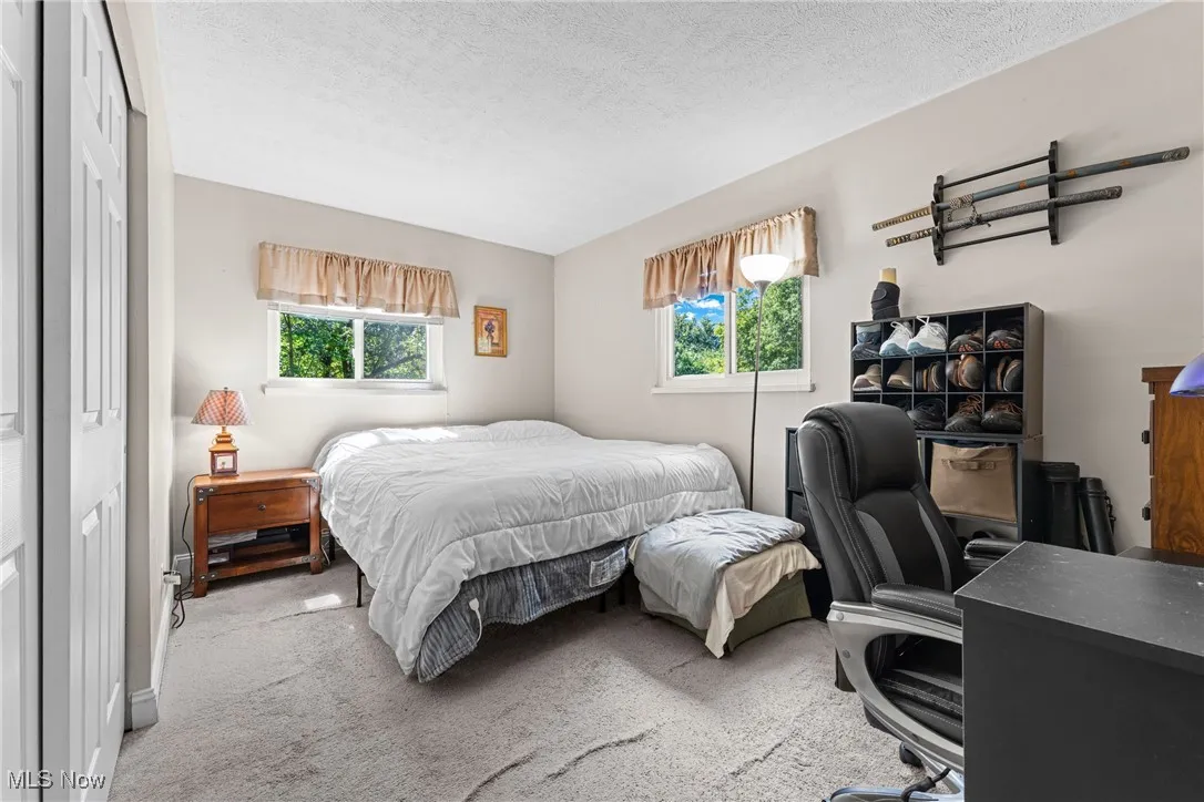 Bedroom with carpet floors, multiple windows, a textured ceiling, and a closet