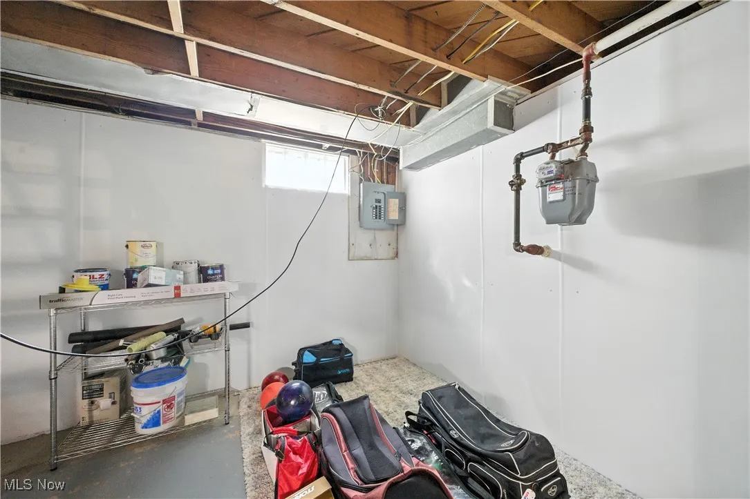 Below grade area with gas meter and electric panel