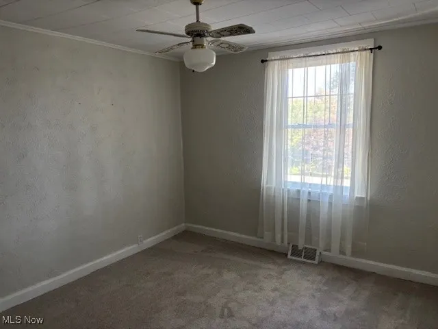 Family/bonus room with a textured wall, carpet flooring, and a ceiling fan