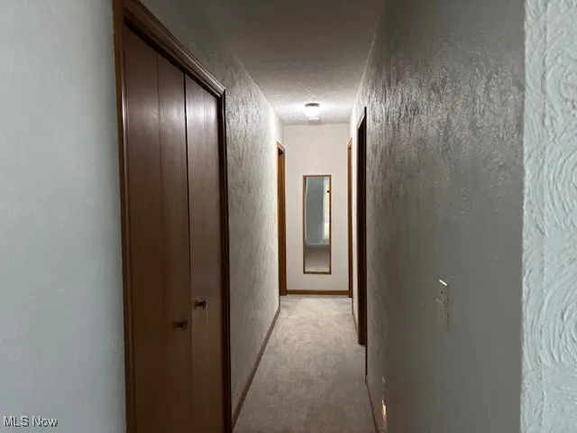 Hall featuring a textured wall, light colored carpet, and a textured ceiling
