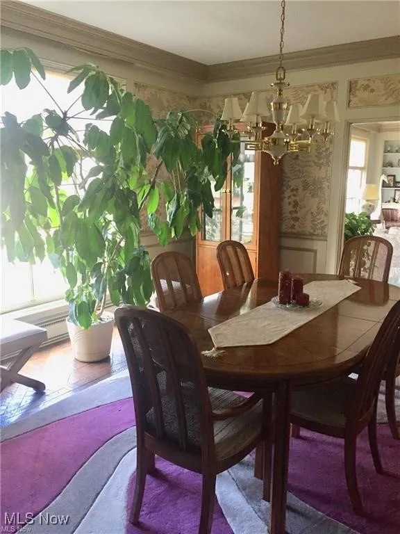 Carpeted dining area featuring wainscoting and a chandelier