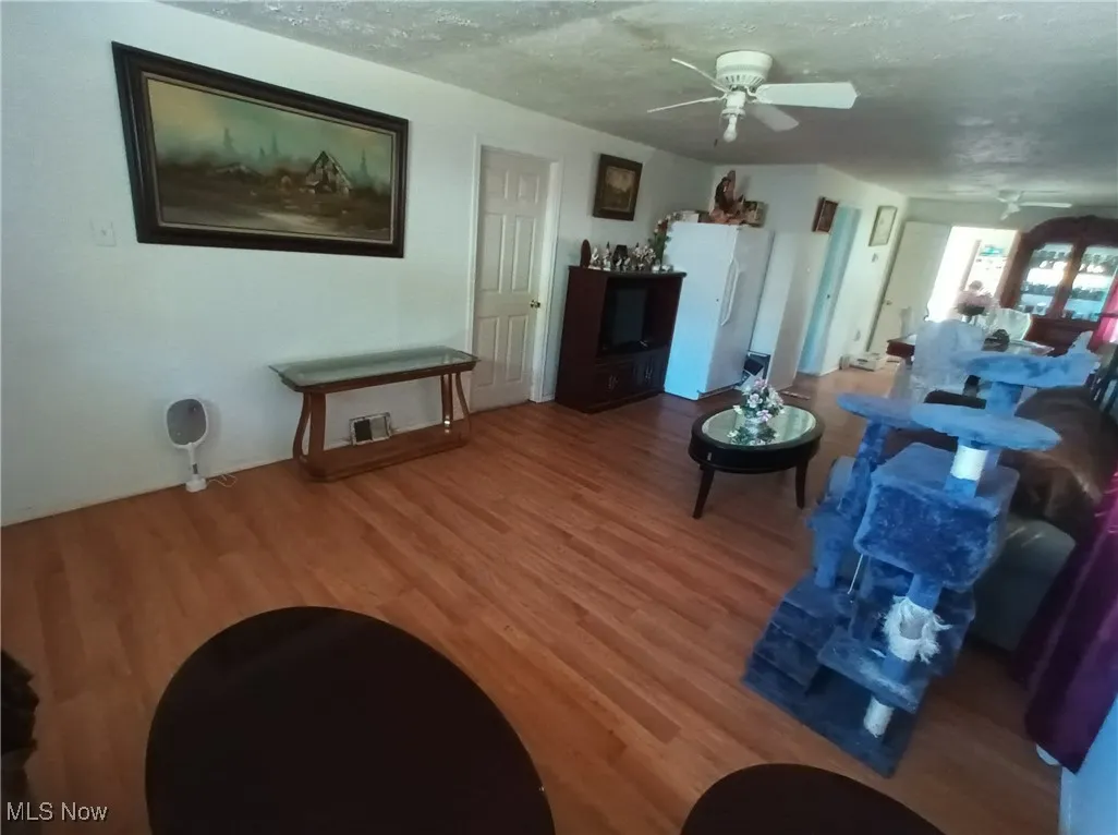 Living room with ceiling fan, wood finished floors, and a textured ceiling