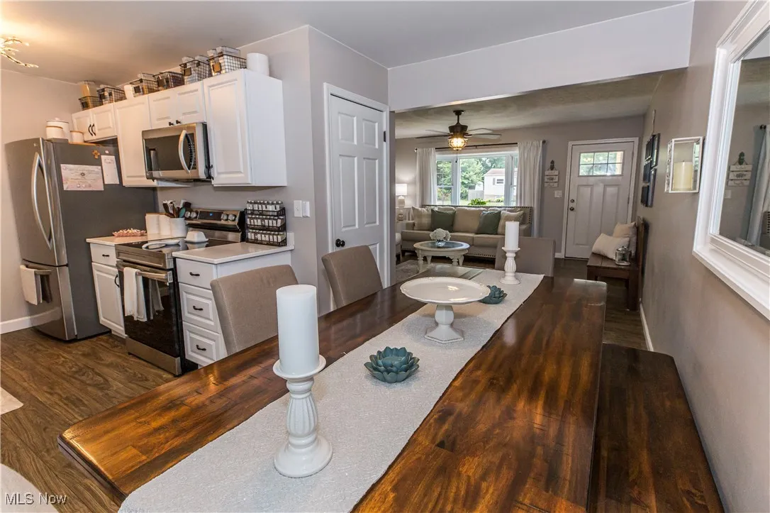 Kitchen with stainless steel appliances, white cabinetry, open floor plan, dark wood-type flooring, and a ceiling fan