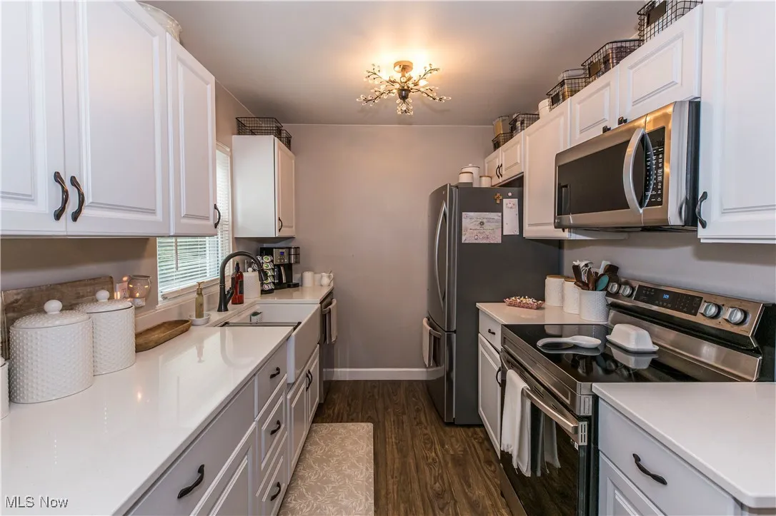 Kitchen featuring stainless steel appliances, dark wood-type flooring, and white cabinets