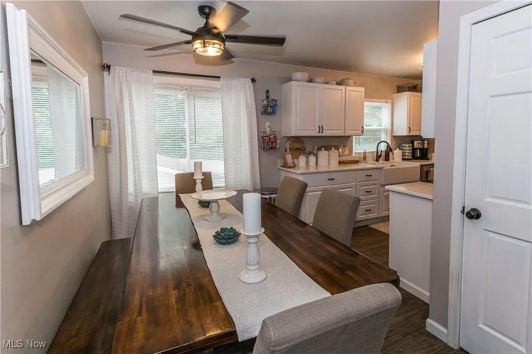 Dining room featuring dark wood-style flooring and a ceiling fan