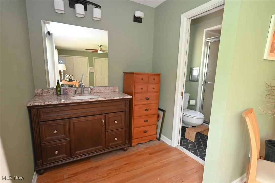 Full bath featuring vanity, light wood-style floors, a stall shower, and ceiling fan