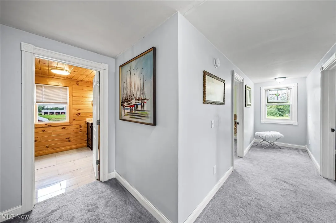 Hall with light carpet and wood walls