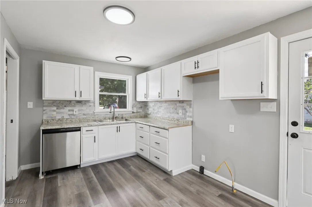 Kitchen with white cabinetry, stainless steel dishwasher, dark wood-style floors, and decorative backsplash