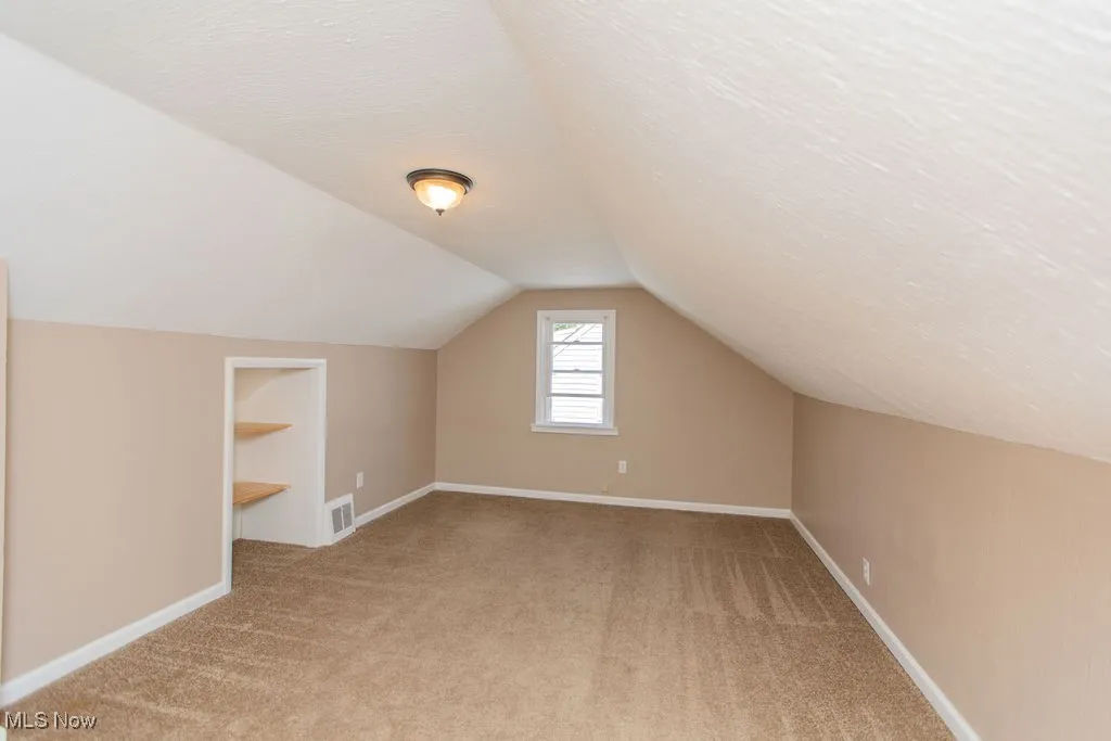 Additional living space featuring a textured ceiling, light carpet, and lofted ceiling