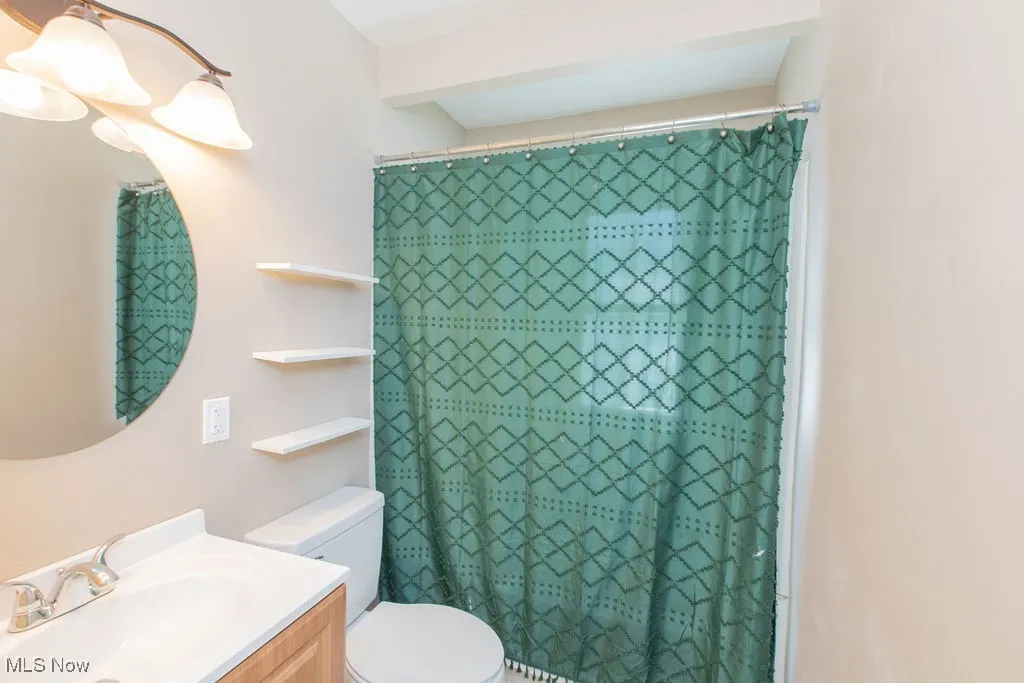 Full bathroom with vanity and a shower with curtain