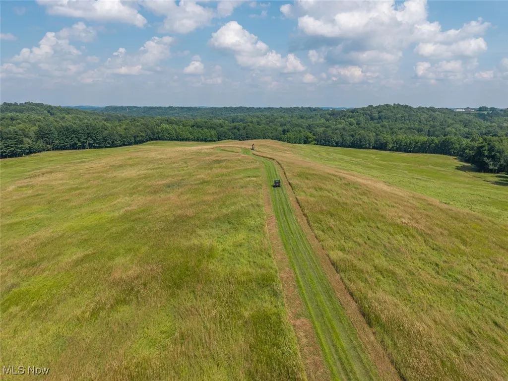 Aerial view of sparsely populated area with a forest
