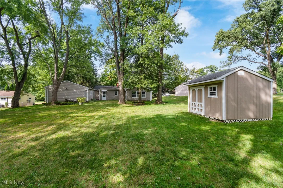 View of backyard and storage shed