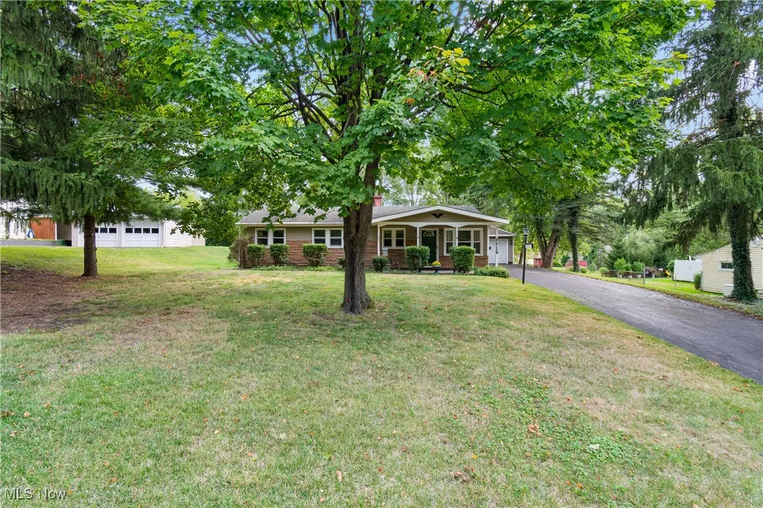 Ranch-style home featuring covered porch and view of the front lawn