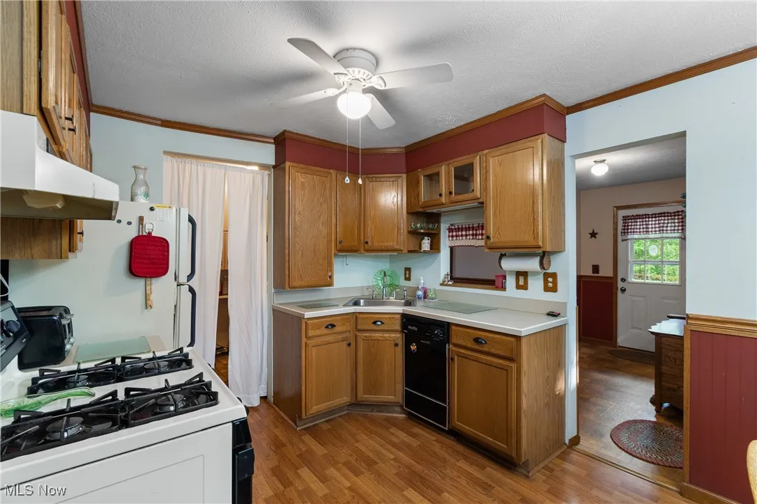 Kitchen featuring crown molding, oak cabinets, ceiling fan, and light countertops