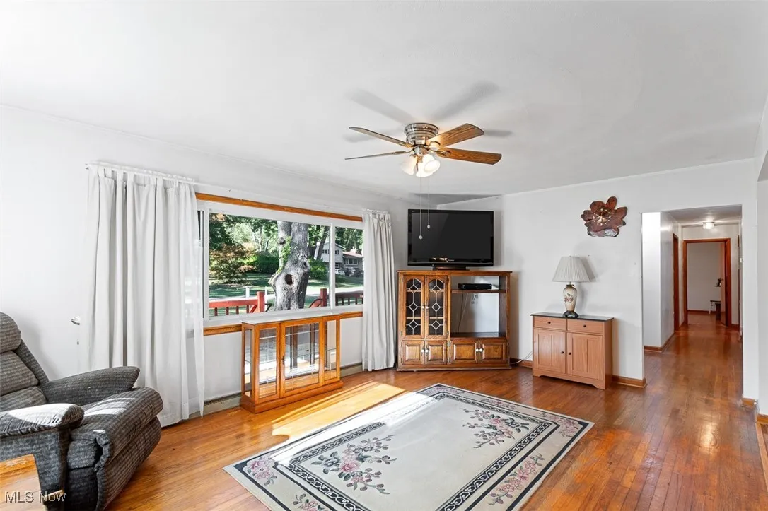 Living room featuring wood-type flooring and ceiling fan