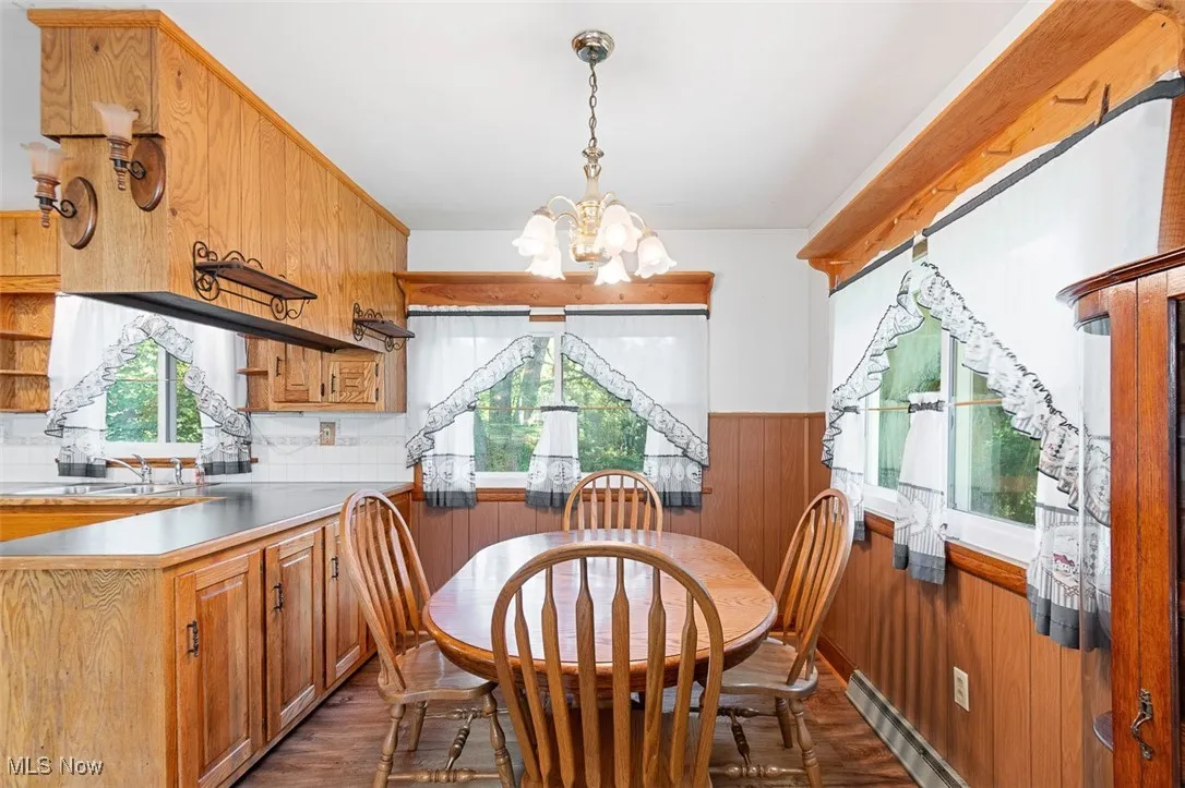 Dining space with dark wood finished floors, wood walls, a baseboard heating unit, a chandelier, and a wainscoted wall