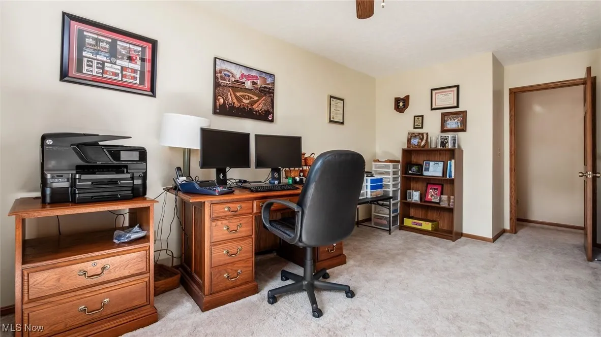 Home office with light colored carpet and ceiling fan