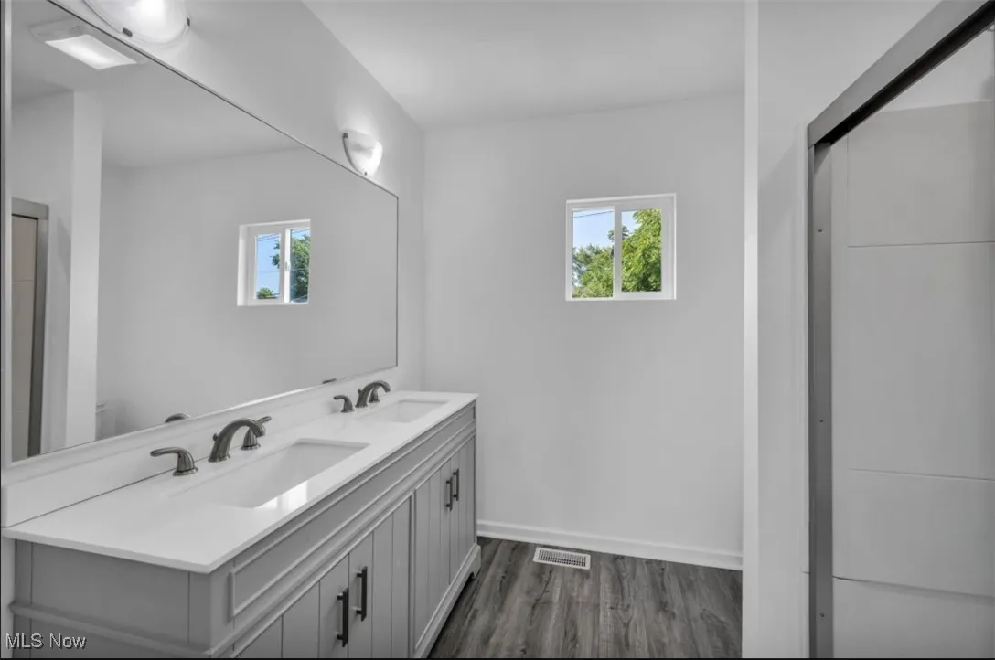 Full bathroom featuring double vanity and dark wood-style floors