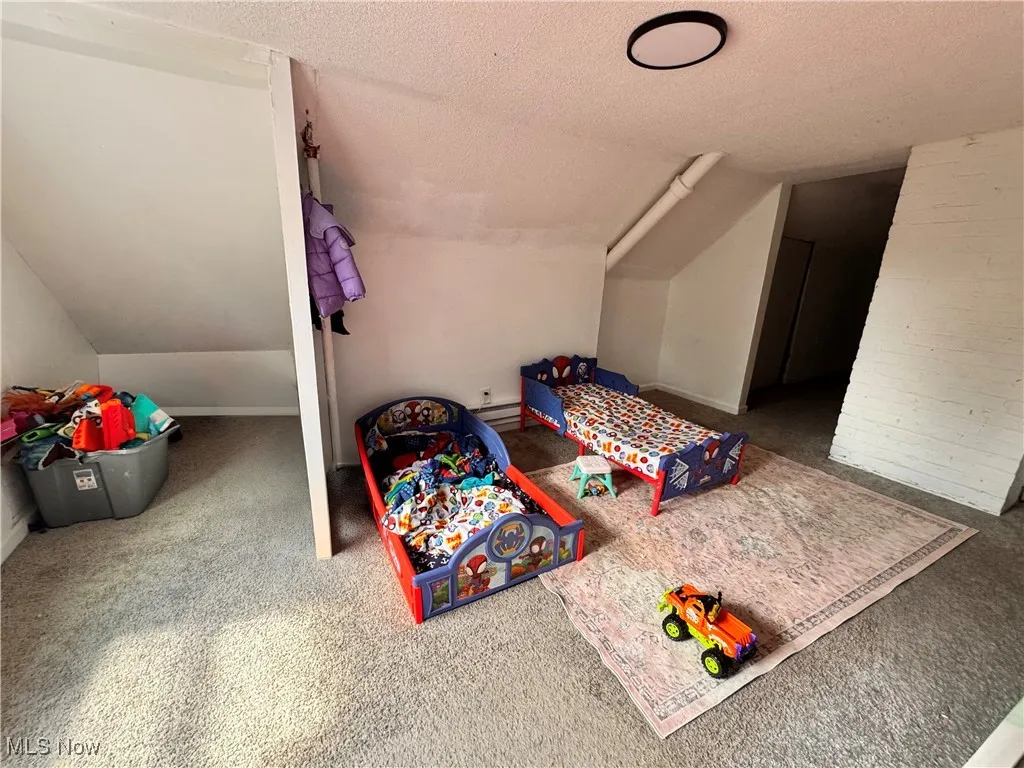 Recreation room with a textured ceiling, vaulted ceiling, and carpet floors