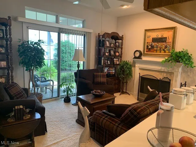 Family room featuring a premium gas fireplace, ceiling lights and a ceiling fan