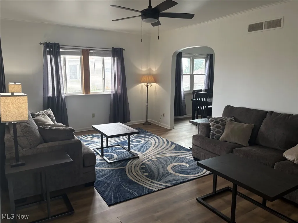 New black ceiling fan and vinyl flooring