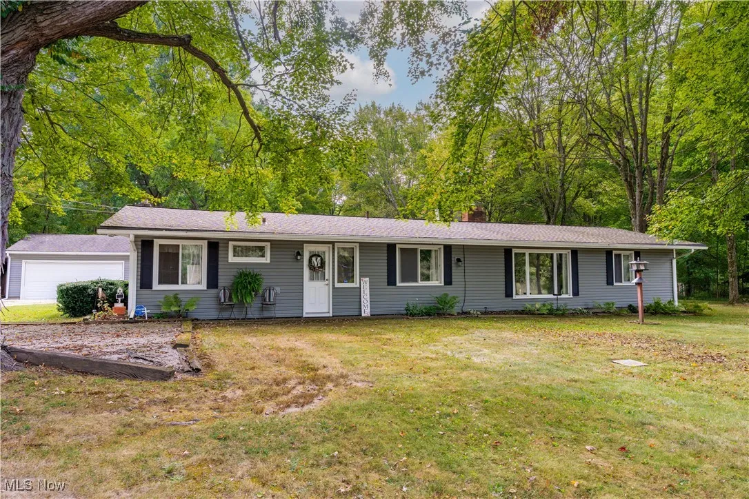 Ranch-style home with a chimney, a front lawn, and view of scattered trees