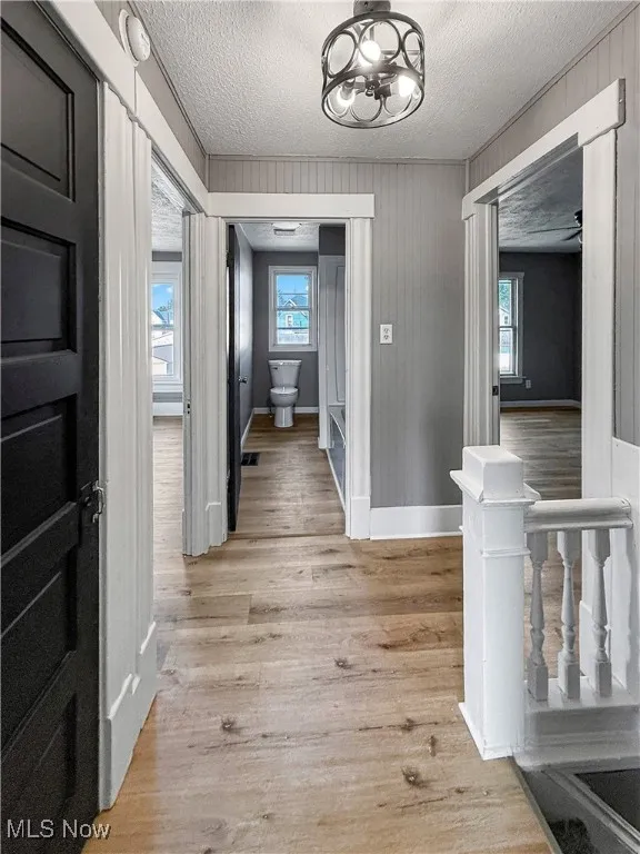Hall with wood walls, light wood-type flooring, plenty of natural light, and a textured ceiling
