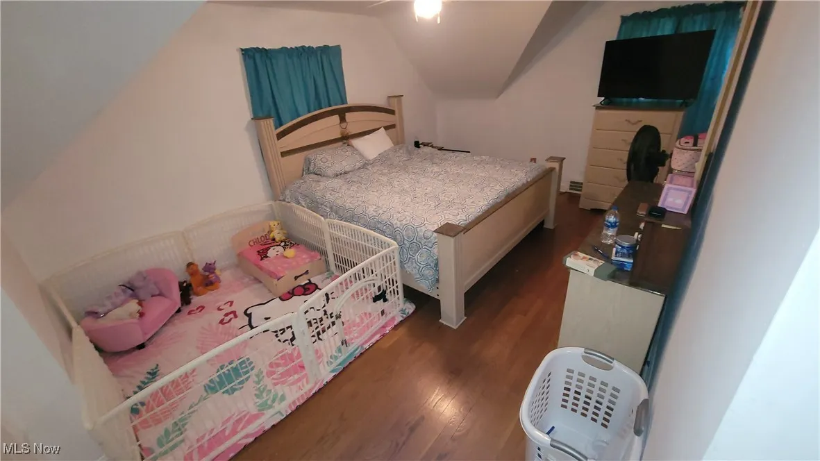 Bedroom with dark wood finished floors and lofted ceiling