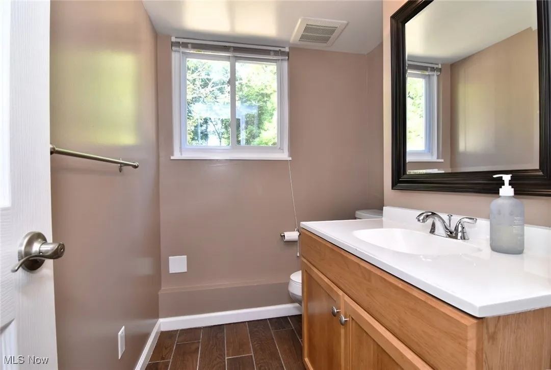 Bathroom featuring wood finish floors and vanity