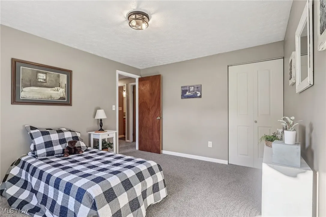Bedroom with a textured ceiling, carpet, and a closet