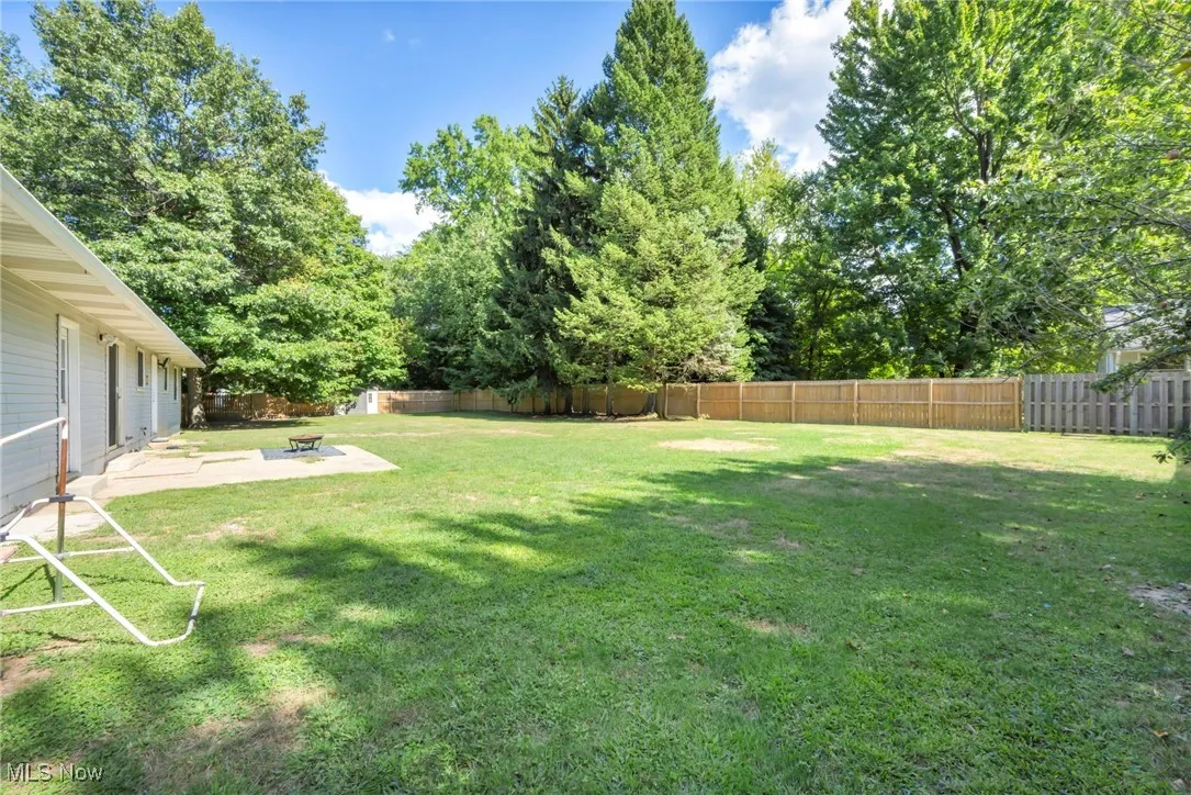Fenced backyard with a patio area, an outdoor fire pit, and view of scattered trees