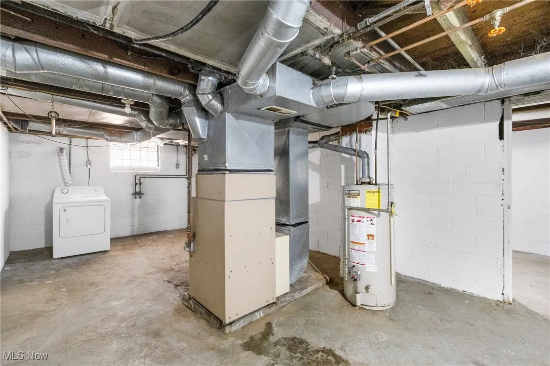 Basement featuring washer / clothes dryer, gas water heater, and heating unit